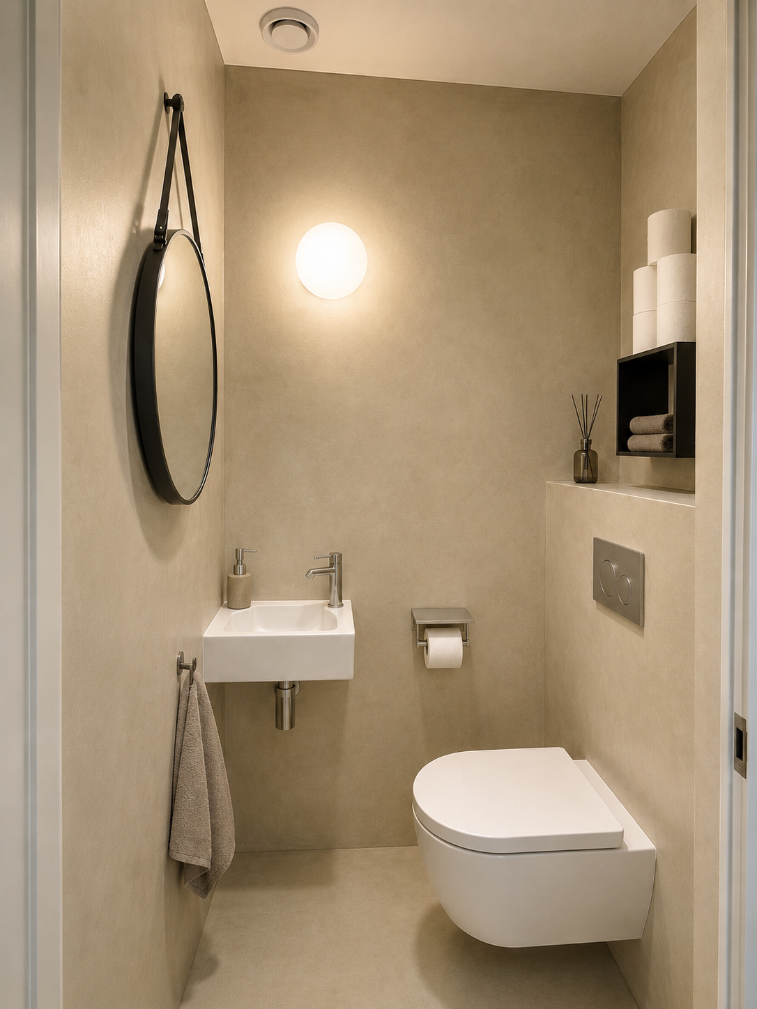 Betonciré wanden in toilet met ronde spiegel — project in Borne en omgeving